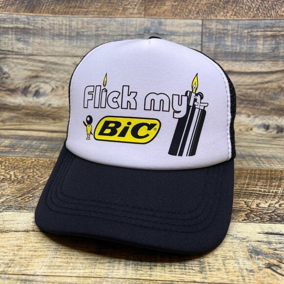 Flick My Bic Unisex Trucker Hat Black Snapback 90s Advertisement Retro Ball Cap - Picture 2 of 8